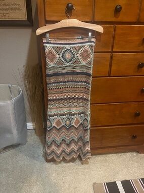 Free People Crocheted Maxi Skirt in Beige, Rust & Navy